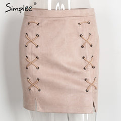 Simplee Autumn lace up leather suede pencil skirt Winter 2017 cross high waist skirt Zipper split bodycon short skirts womens