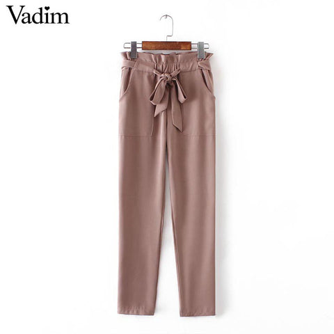 women OL chiffon high waist harem pants bow tie drawstring sweet elastic waist pockets casual trousers pantalones ZC047