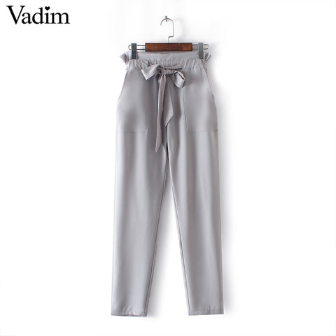 women OL chiffon high waist harem pants bow tie drawstring sweet elastic waist pockets casual trousers pantalones ZC047