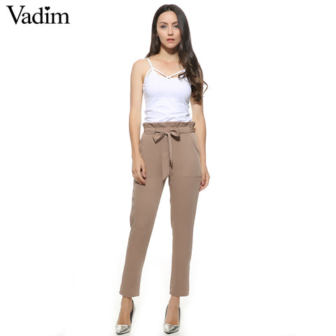 women OL chiffon high waist harem pants bow tie drawstring sweet elastic waist pockets casual trousers pantalones ZC047