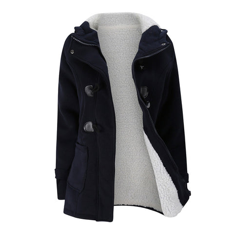 Women's Fashion Trench Coat Autumn Thick Lining Winter Jacket Overcoat Female Casual Long Hooded Coat Zipper Horn Button Outwear