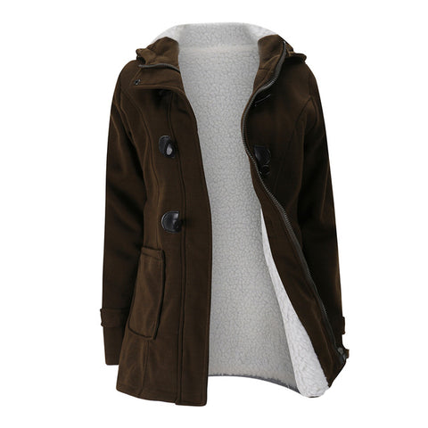 Women's Fashion Trench Coat Autumn Thick Lining Winter Jacket Overcoat Female Casual Long Hooded Coat Zipper Horn Button Outwear