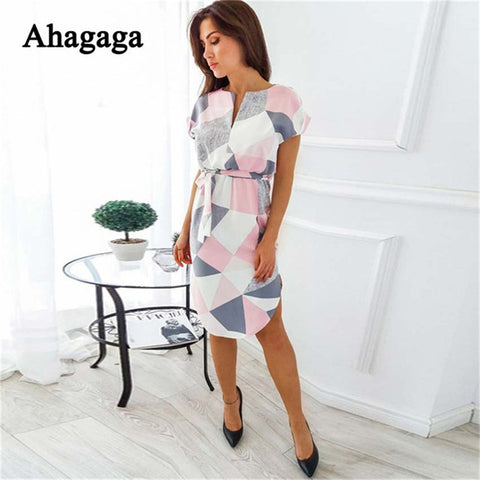 Ahagaga 2018 Summer Dress Women Fashion Print Elegant Cute Sashes O-neck Sexy Slim Sheath Dress Women Dresses Vestidos Robes